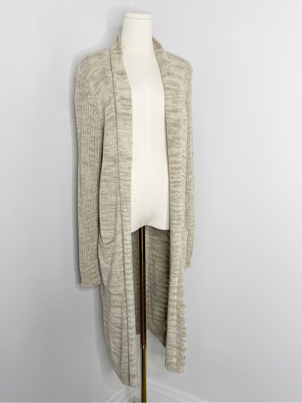 Anthropologie Long Open Front Duster Cardigan XL Beige Knit Pockets